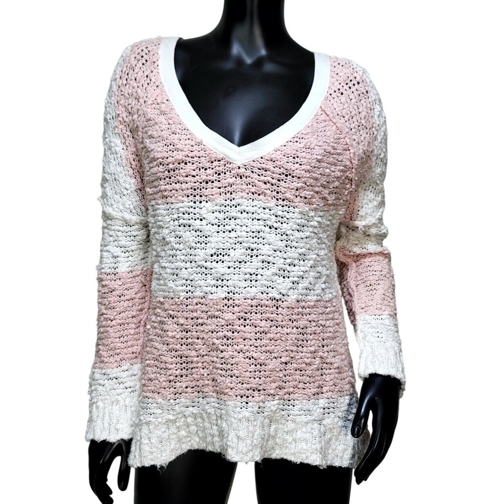 Free People Songbird Pink White Striped‎ Popcorn Knit V-Neck Oversized Sweater